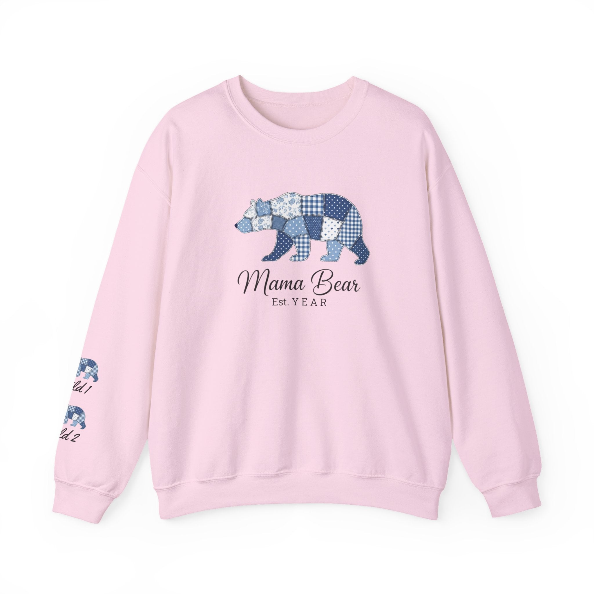 Mama Bear Sweatshirt — Patchwork Blue Bear Crewneck (Est. 2019)