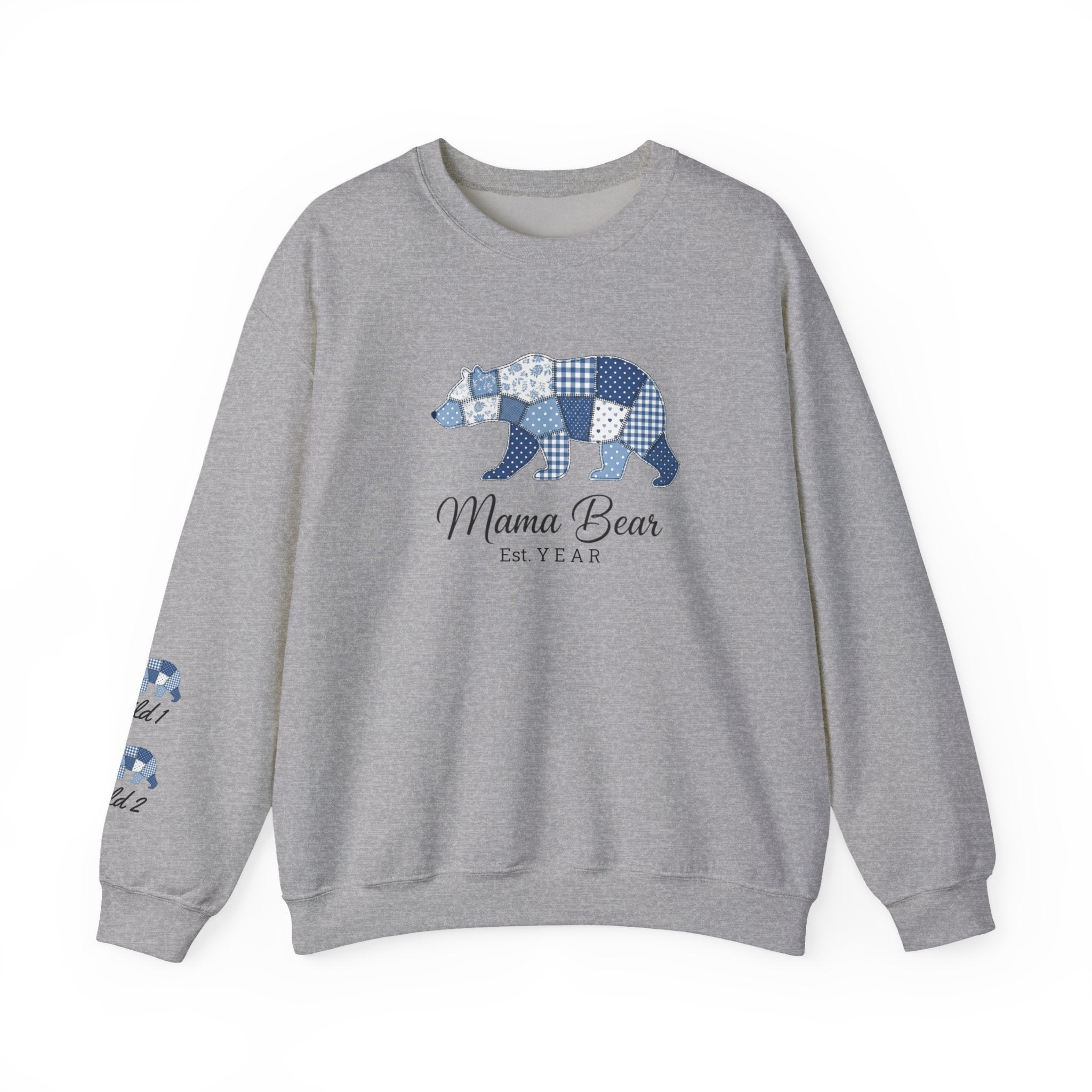 Mama Bear Sweatshirt — Patchwork Blue Bear Crewneck (Est. 2019)