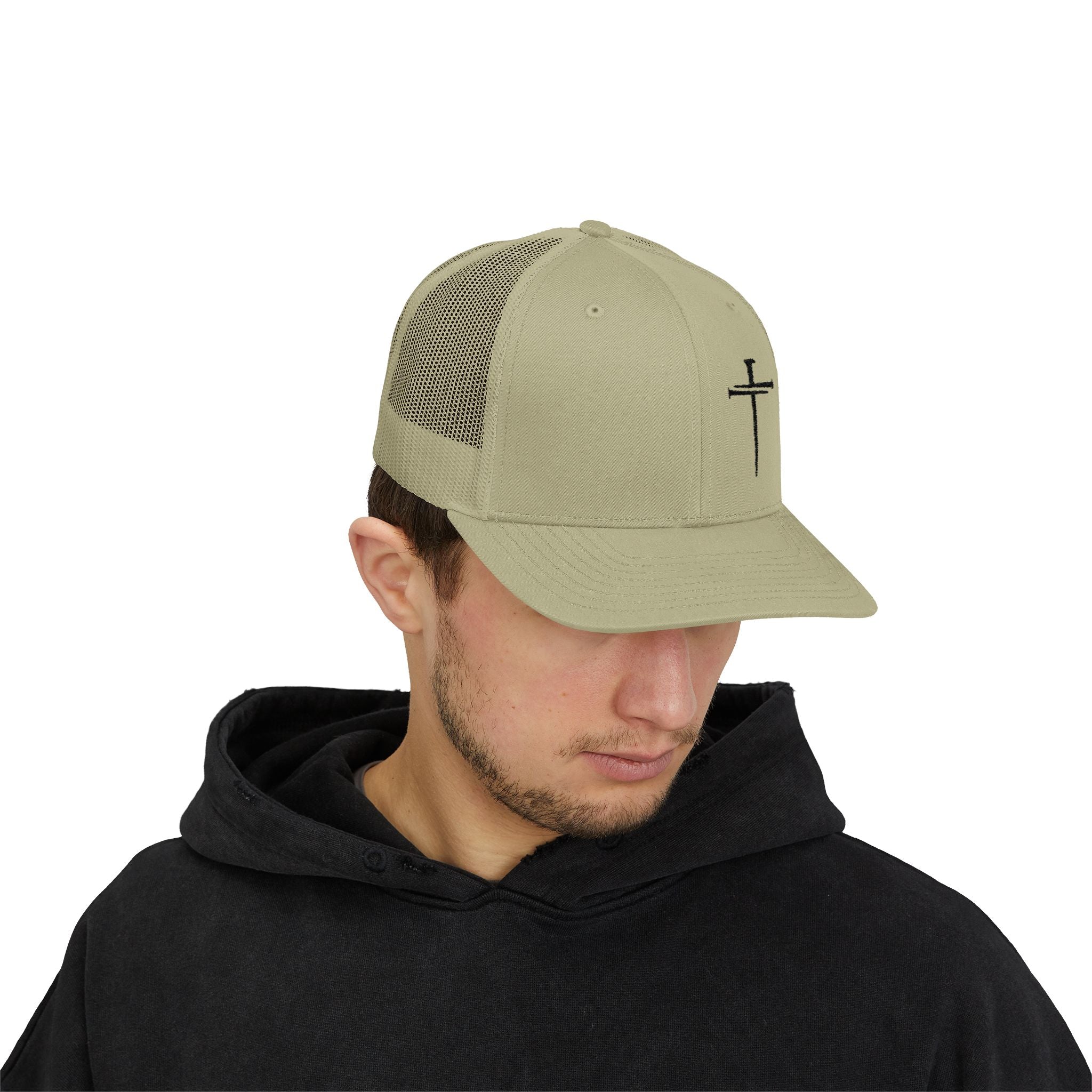 Embroidered Cross Trucker Cap — Mesh Snapback Christian Hat