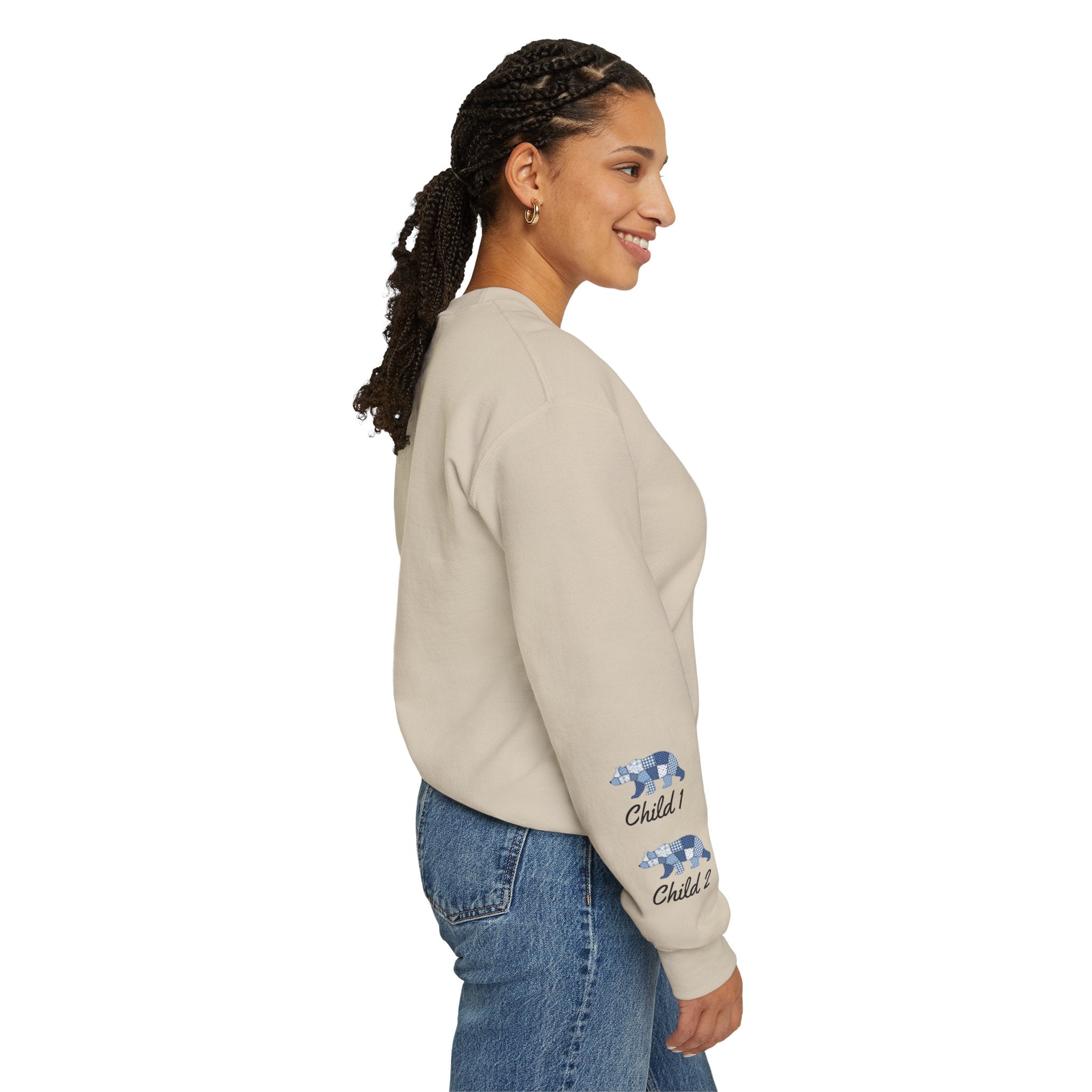 Mama Bear Sweatshirt — Patchwork Blue Bear Crewneck (Est. 2019)