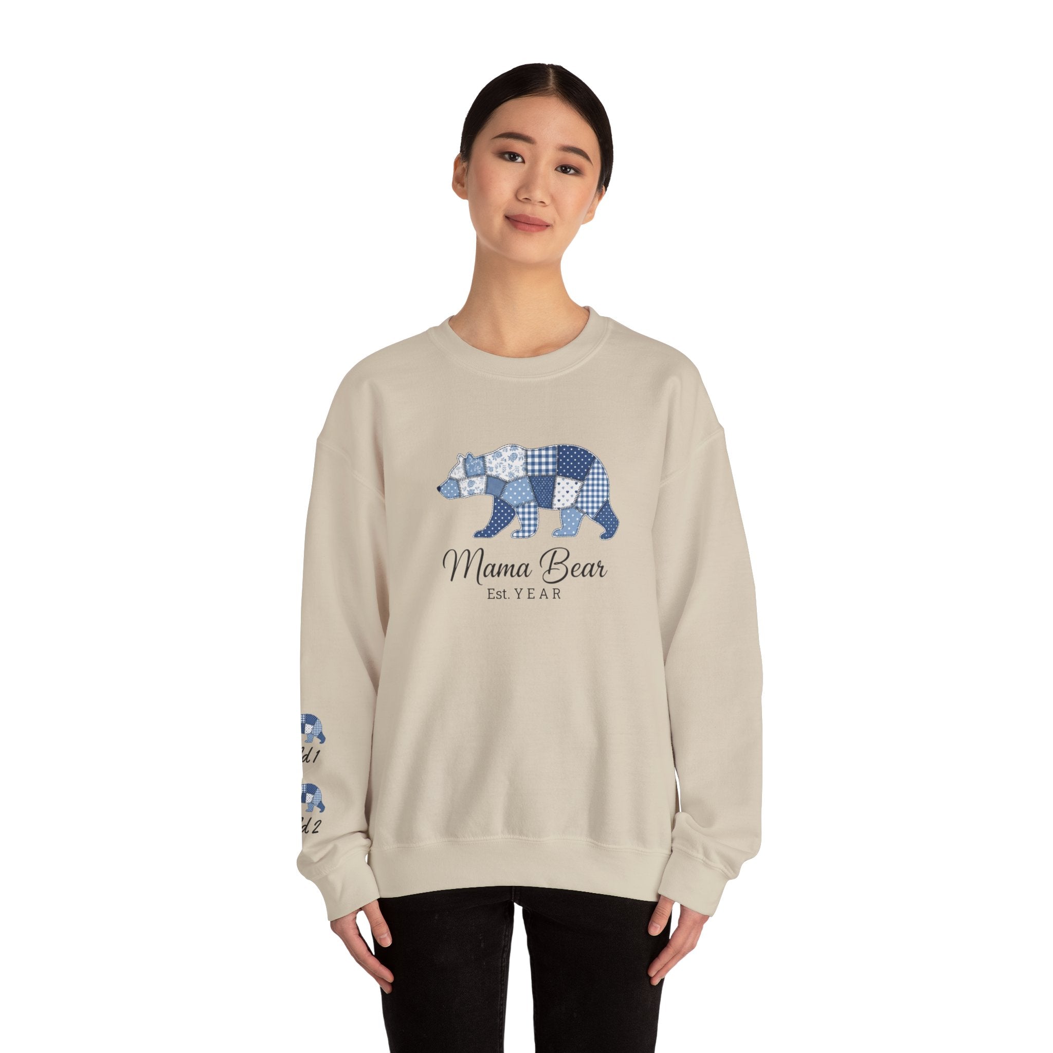 Mama Bear Sweatshirt — Patchwork Blue Bear Crewneck (Est. 2019)