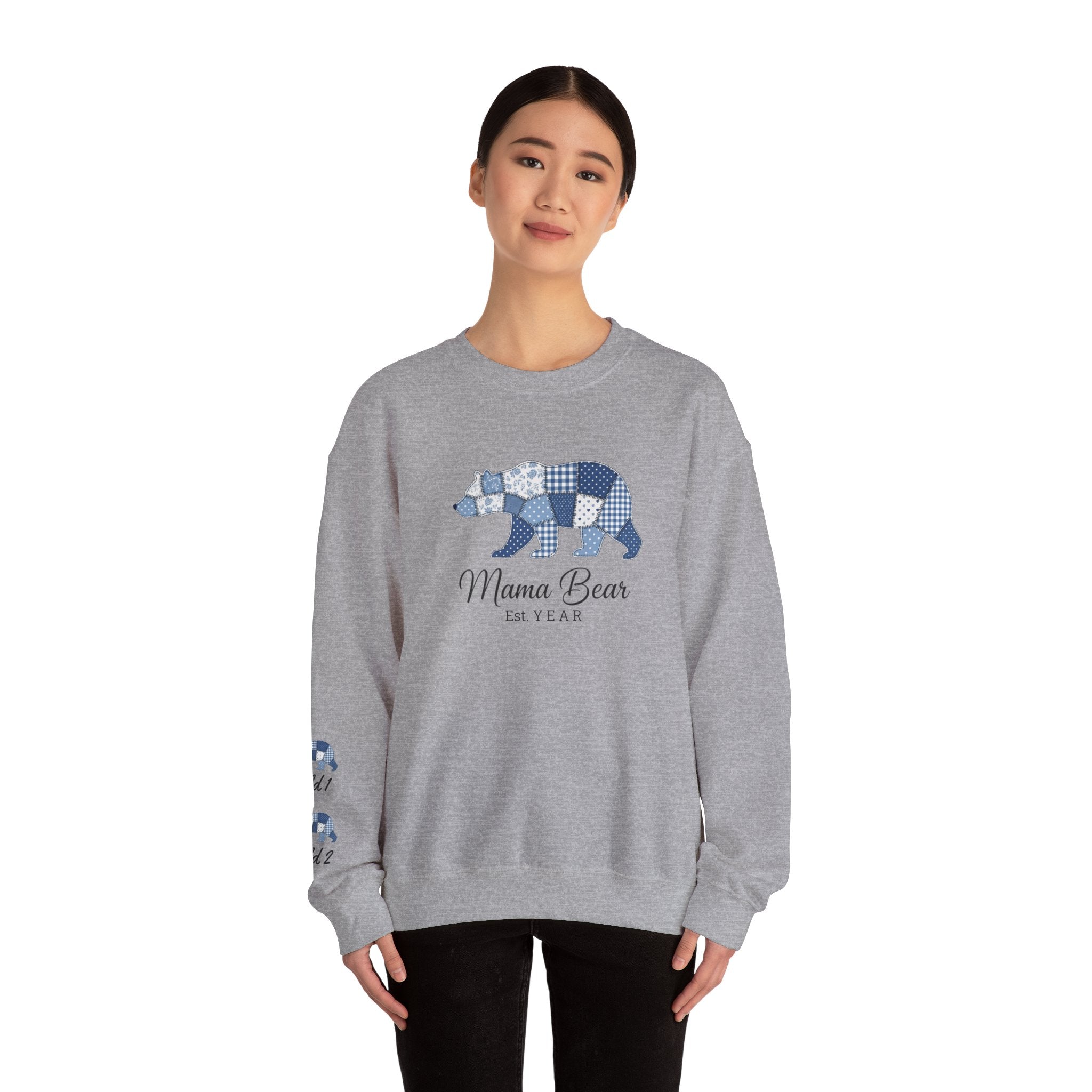 Mama Bear Sweatshirt — Patchwork Blue Bear Crewneck (Est. 2019)