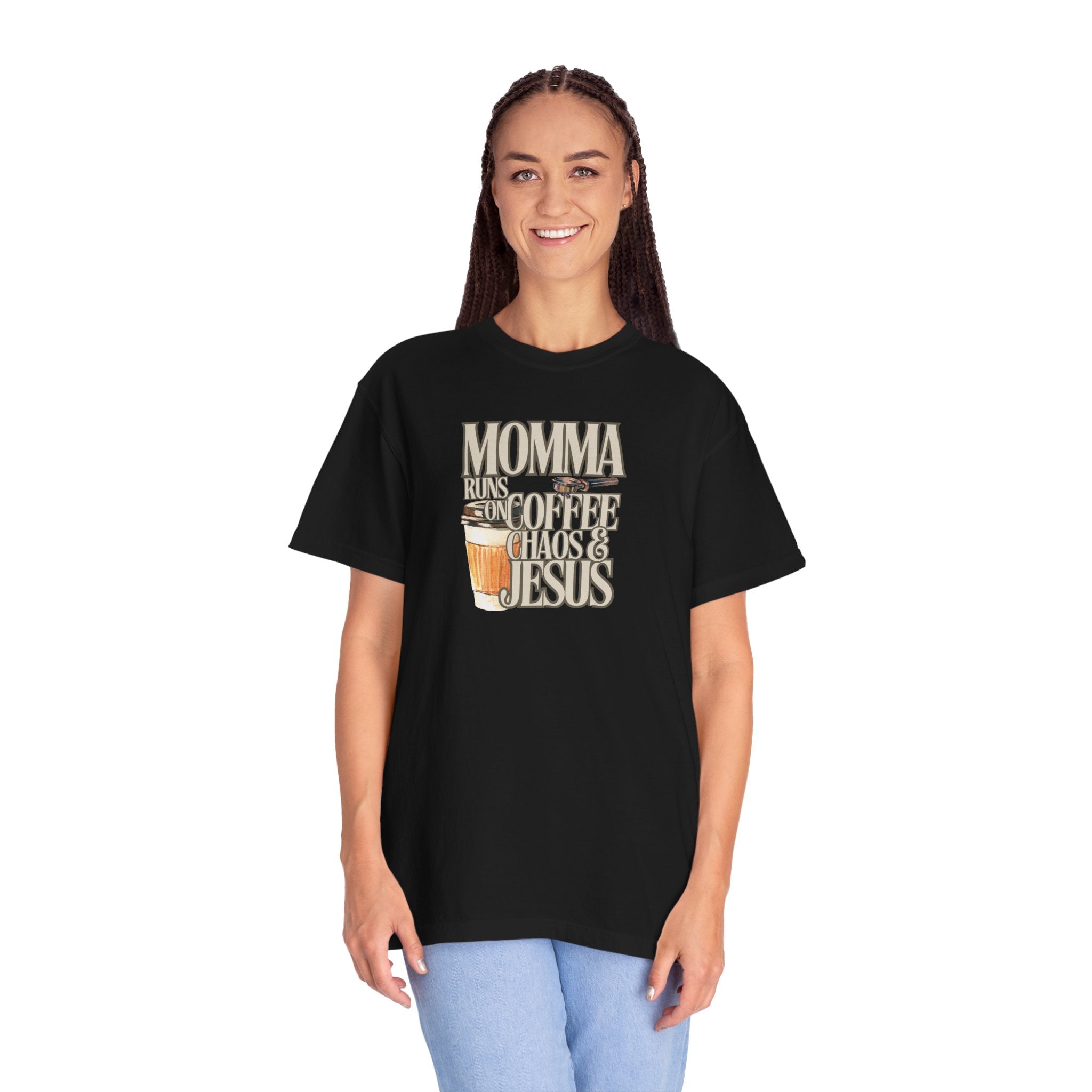 Momma Runs on Coffee Chaos & Jesus T-Shirt