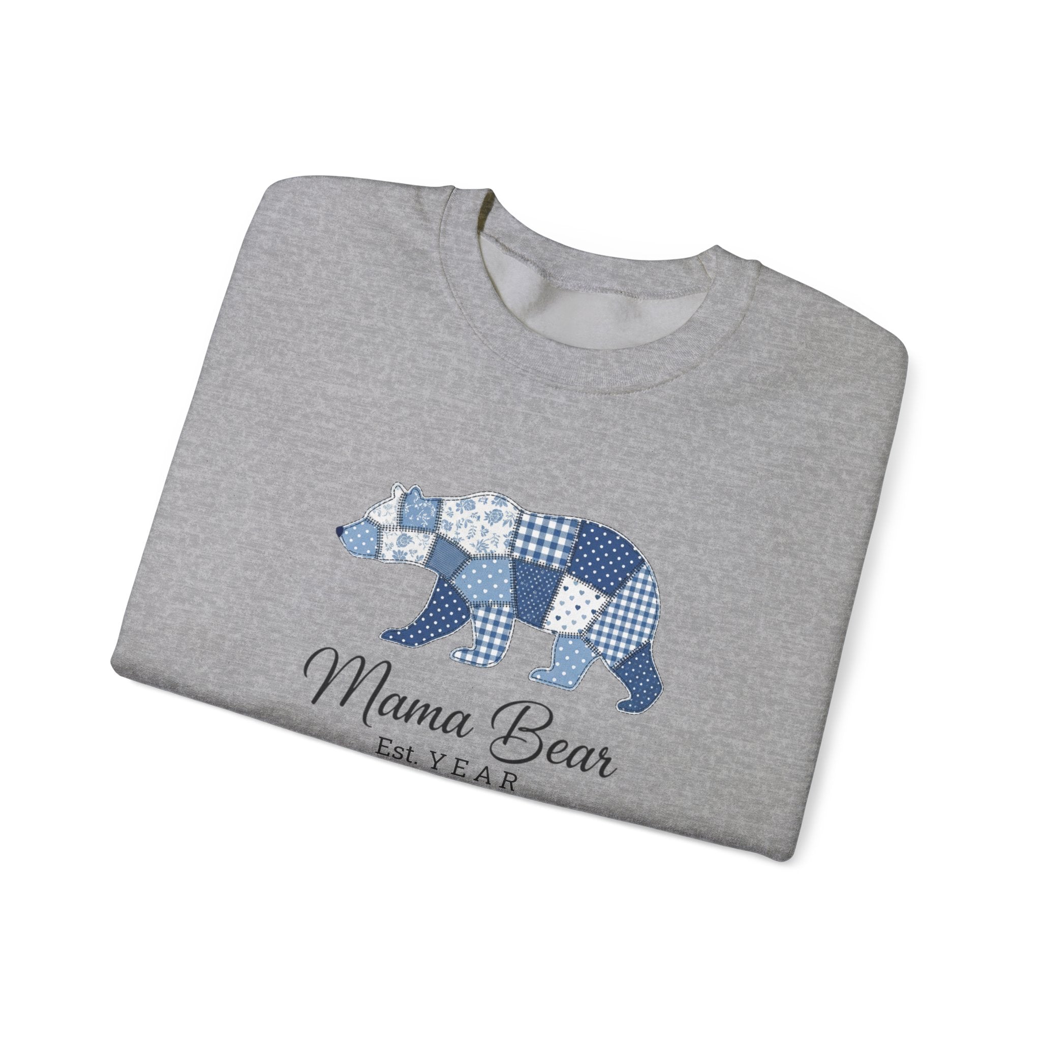 Mama Bear Sweatshirt — Patchwork Blue Bear Crewneck (Est. 2019)