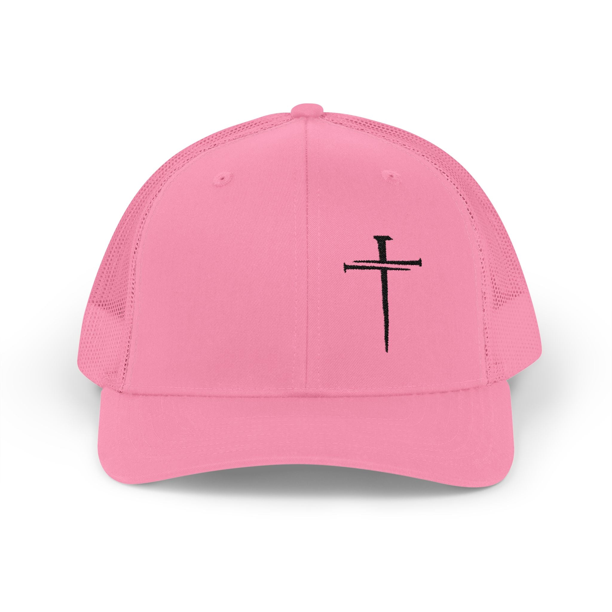 Embroidered Cross Trucker Cap — Mesh Snapback Christian Hat