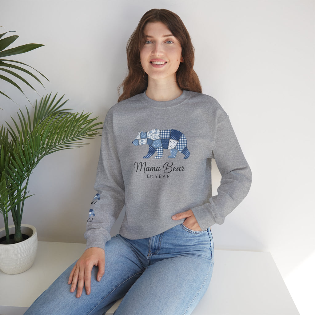 Mama Bear Sweatshirt — Patchwork Blue Bear Crewneck (Est. 2019)