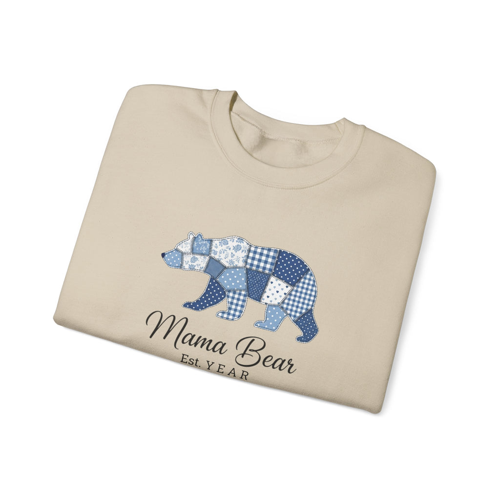 Mama Bear Sweatshirt — Patchwork Blue Bear Crewneck (Est. 2019)