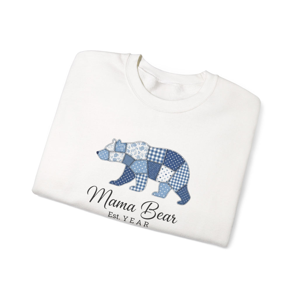 Mama Bear Sweatshirt — Patchwork Blue Bear Crewneck (Est. 2019)
