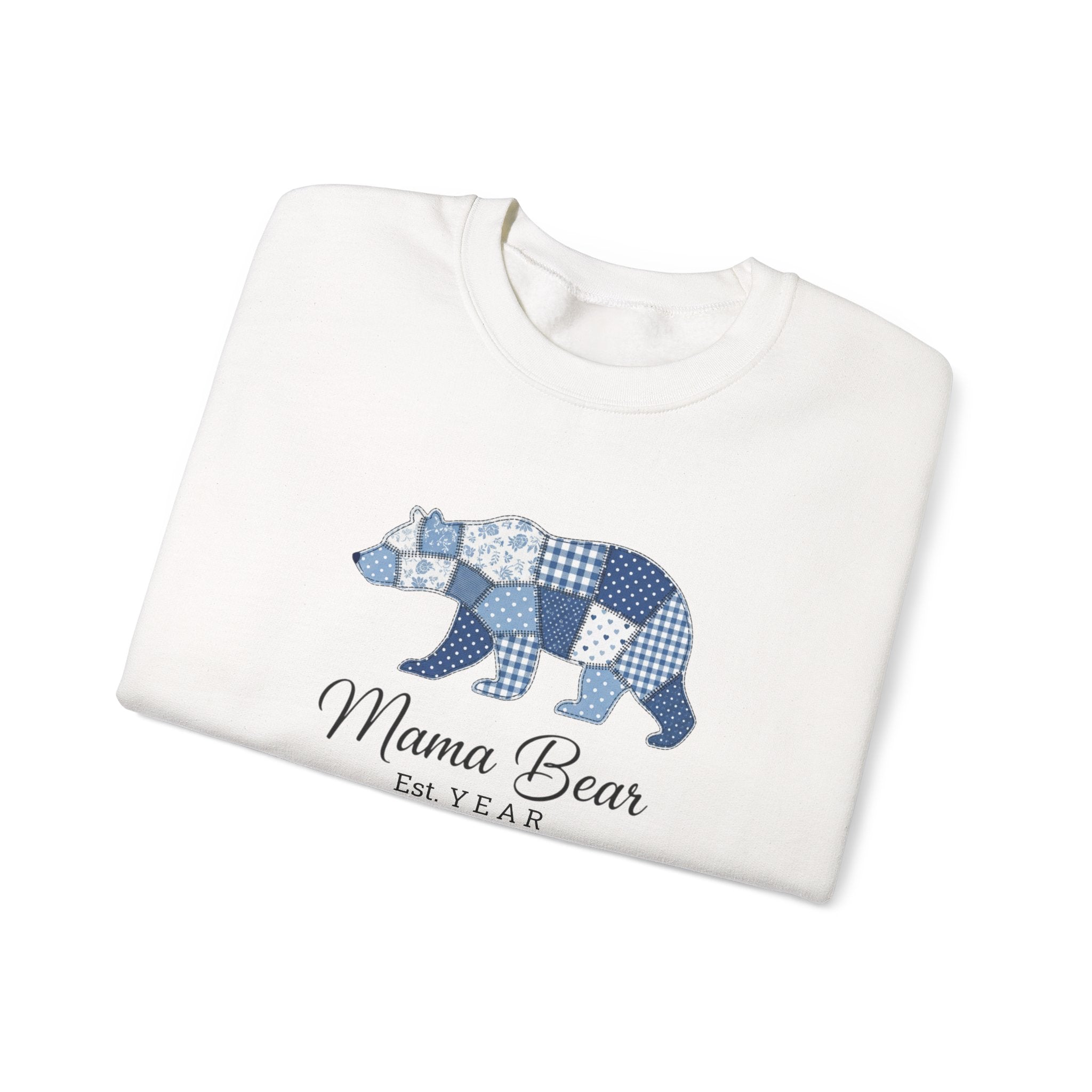 Mama Bear Sweatshirt — Patchwork Blue Bear Crewneck (Est. 2019)