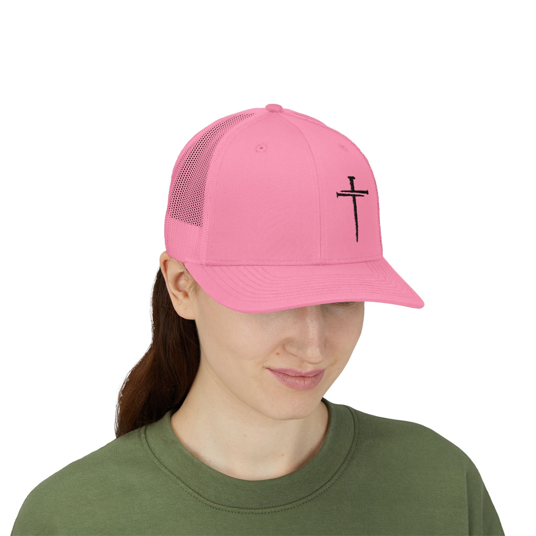 Embroidered Cross Trucker Cap — Mesh Snapback Christian Hat