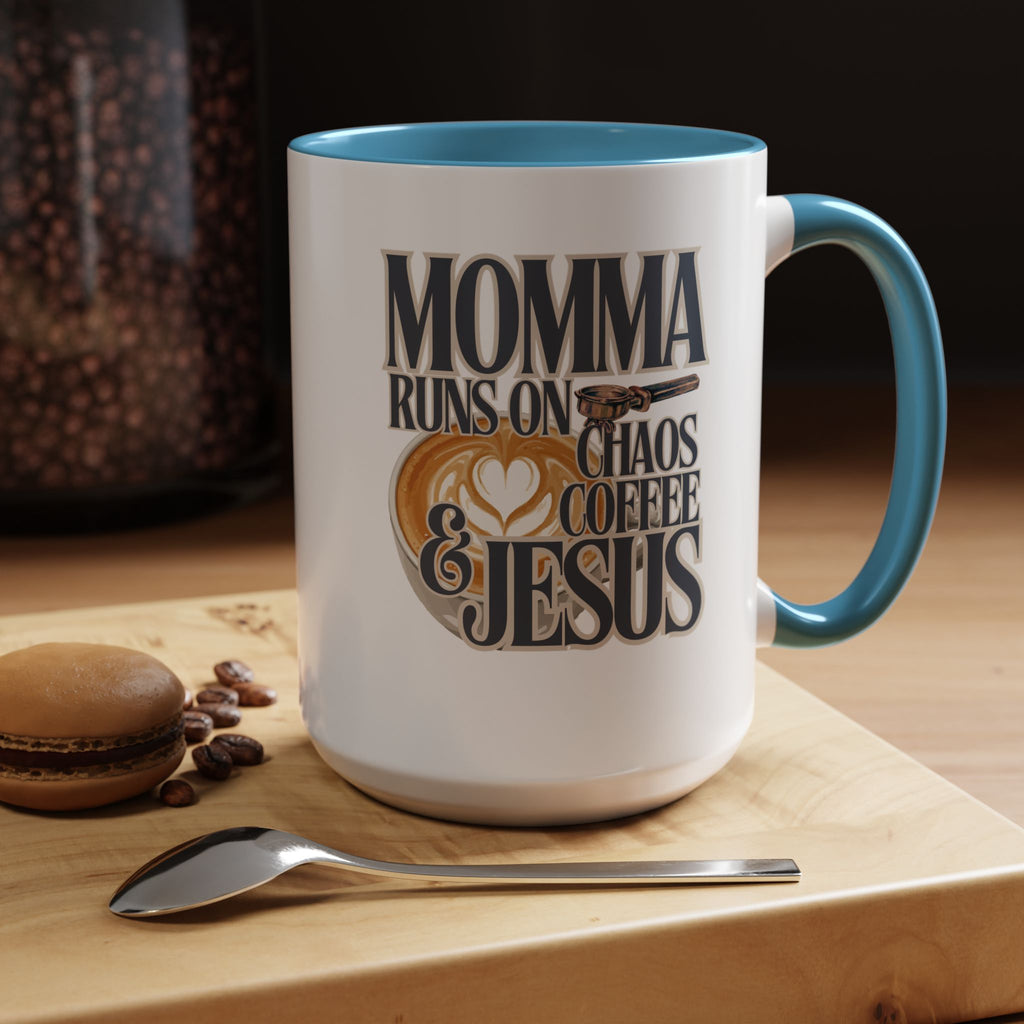 Momma Runs on Coffee Chaos & Jesus Mug