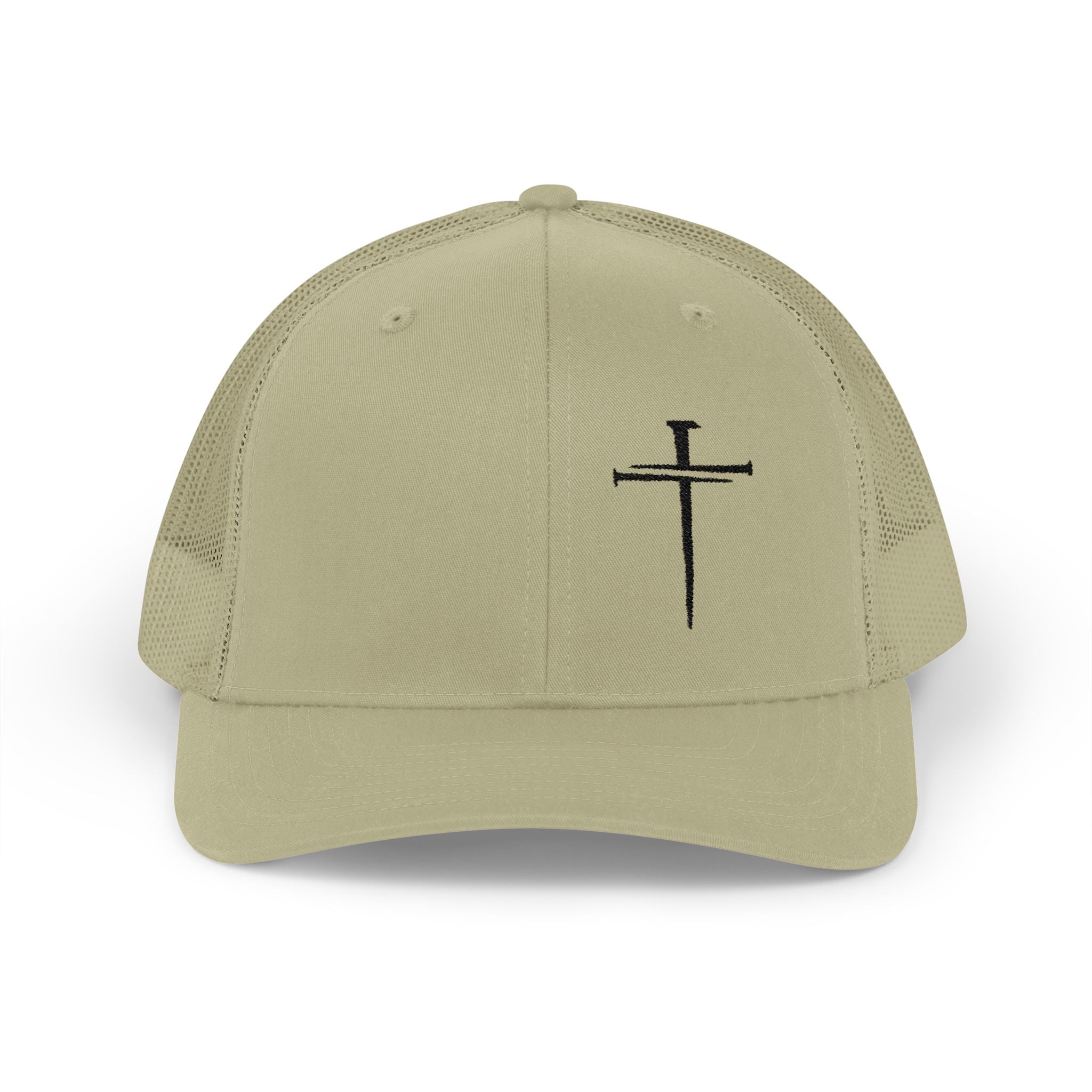 Embroidered Cross Trucker Cap — Mesh Snapback Christian Hat
