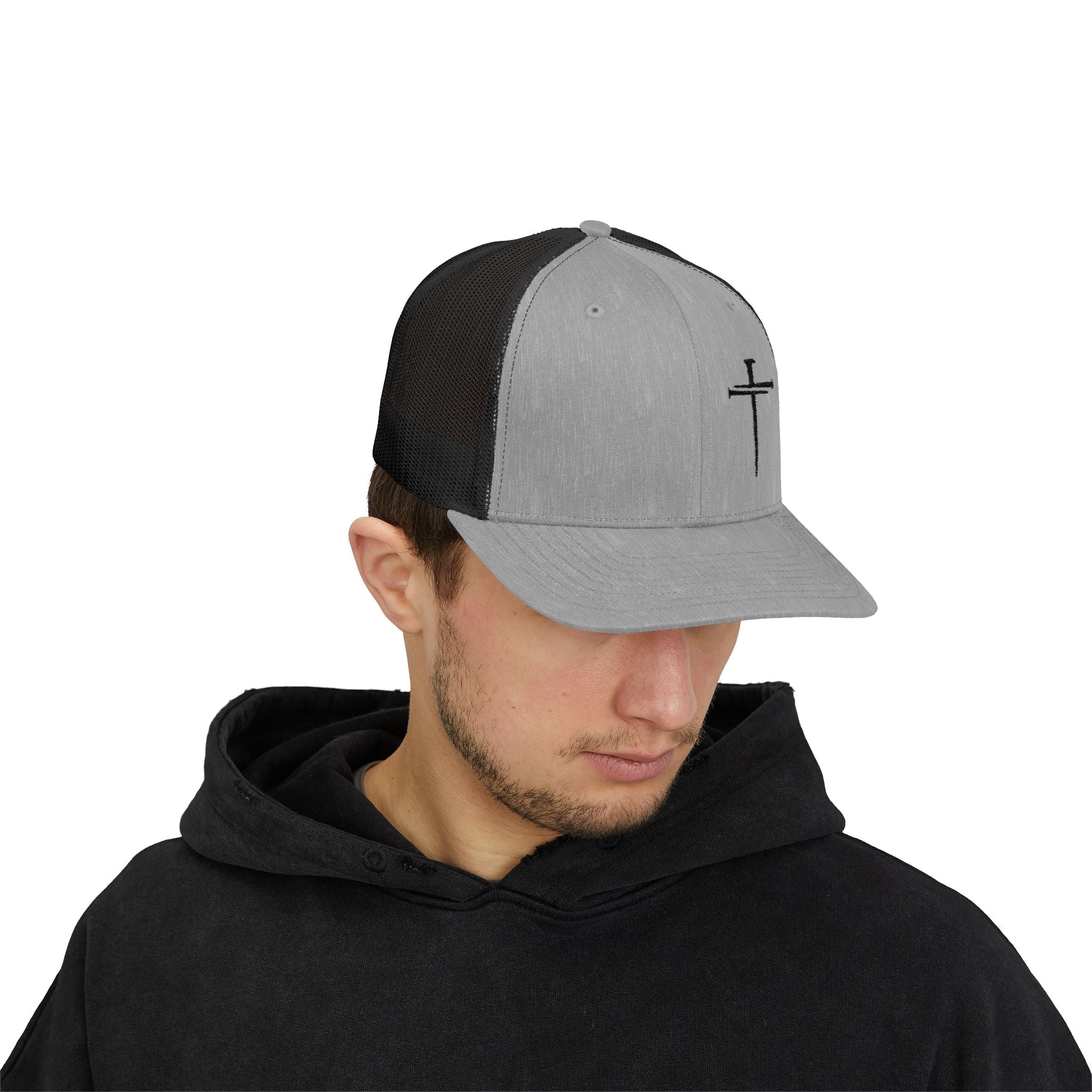 Embroidered Cross Trucker Cap — Mesh Snapback Christian Hat