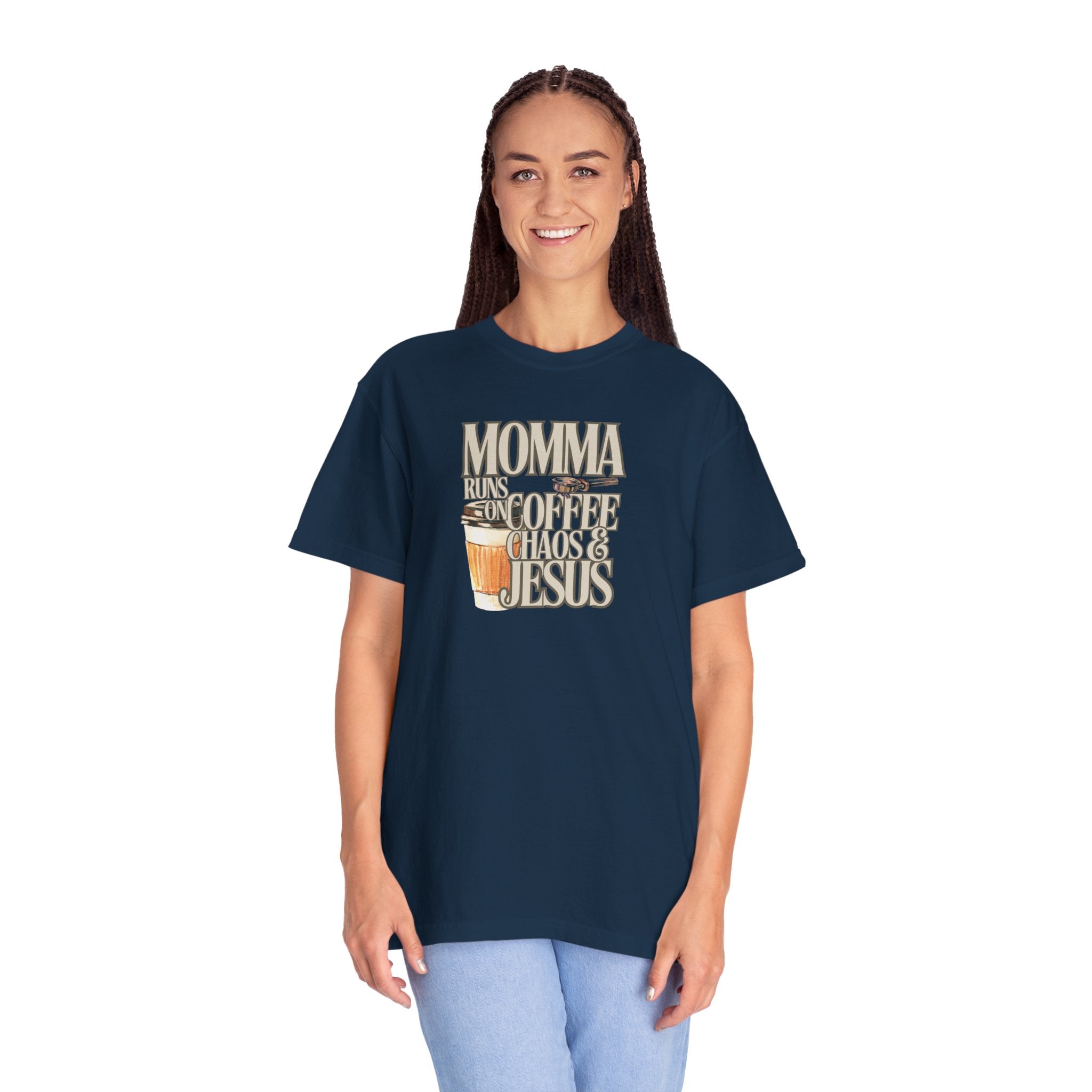 Momma Runs on Coffee Chaos & Jesus T-Shirt