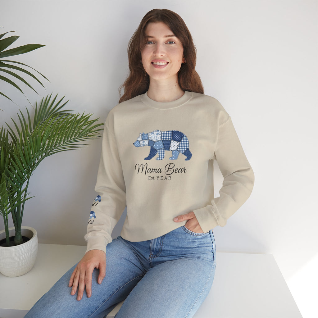 Mama Bear Sweatshirt — Patchwork Blue Bear Crewneck (Est. 2019)