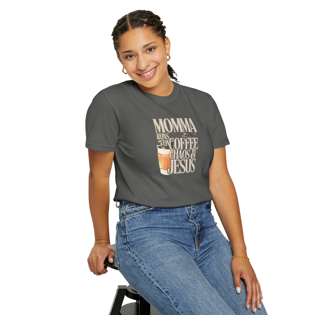 Momma Runs on Coffee Chaos & Jesus T-Shirt