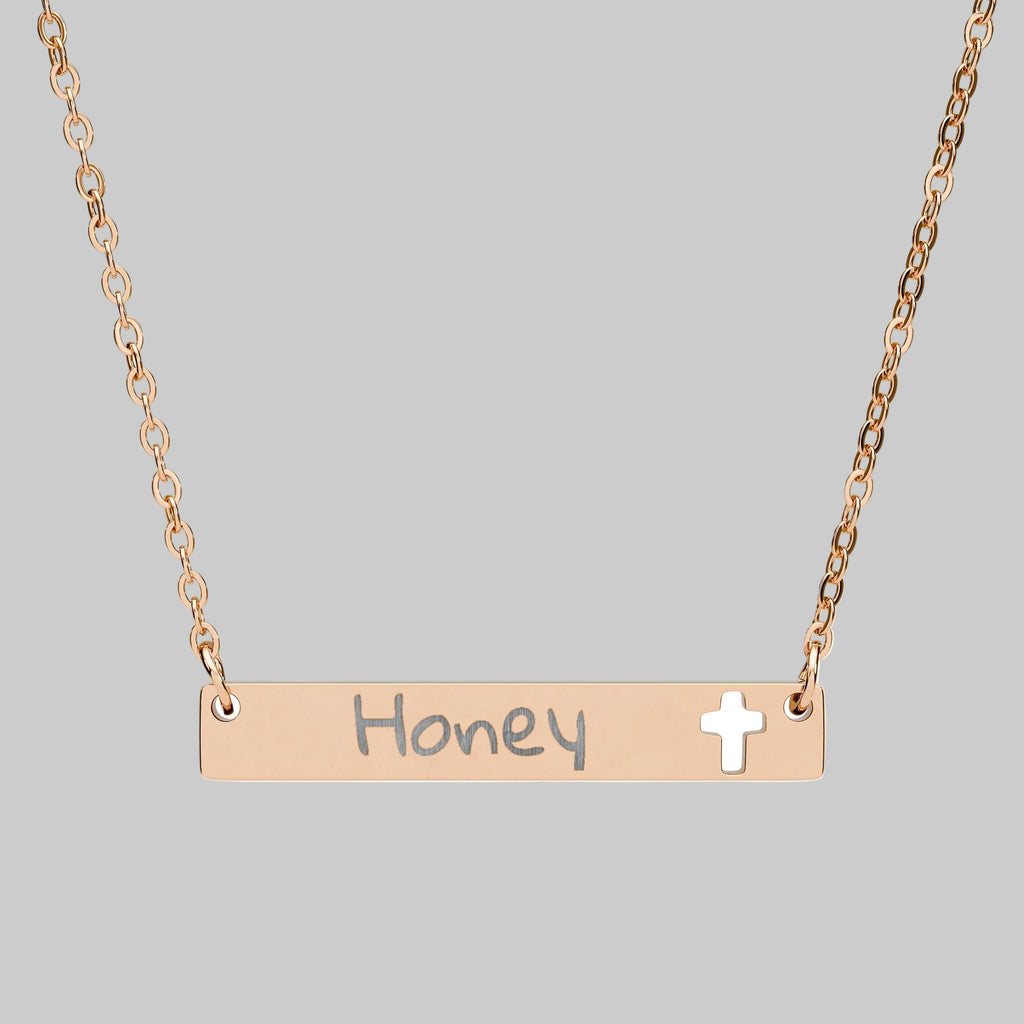 Engraved Cutout Cross Bar Necklace — Personalized Name Bar Pendant