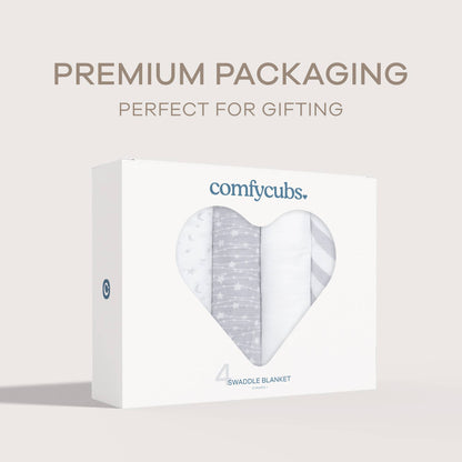 Muslin Swaddle Blankets, Pack of 4, 47" x 47" by Comfy Cubs: Grey