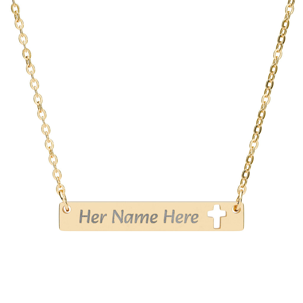 Engraved Cutout Cross Bar Necklace — Personalized Name Bar Pendant