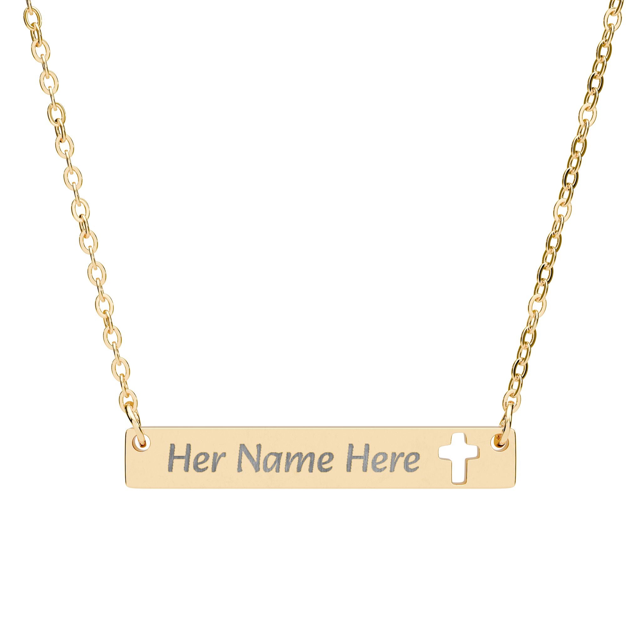 Engraved Cutout Cross Bar Necklace — Personalized Name Bar Pendant