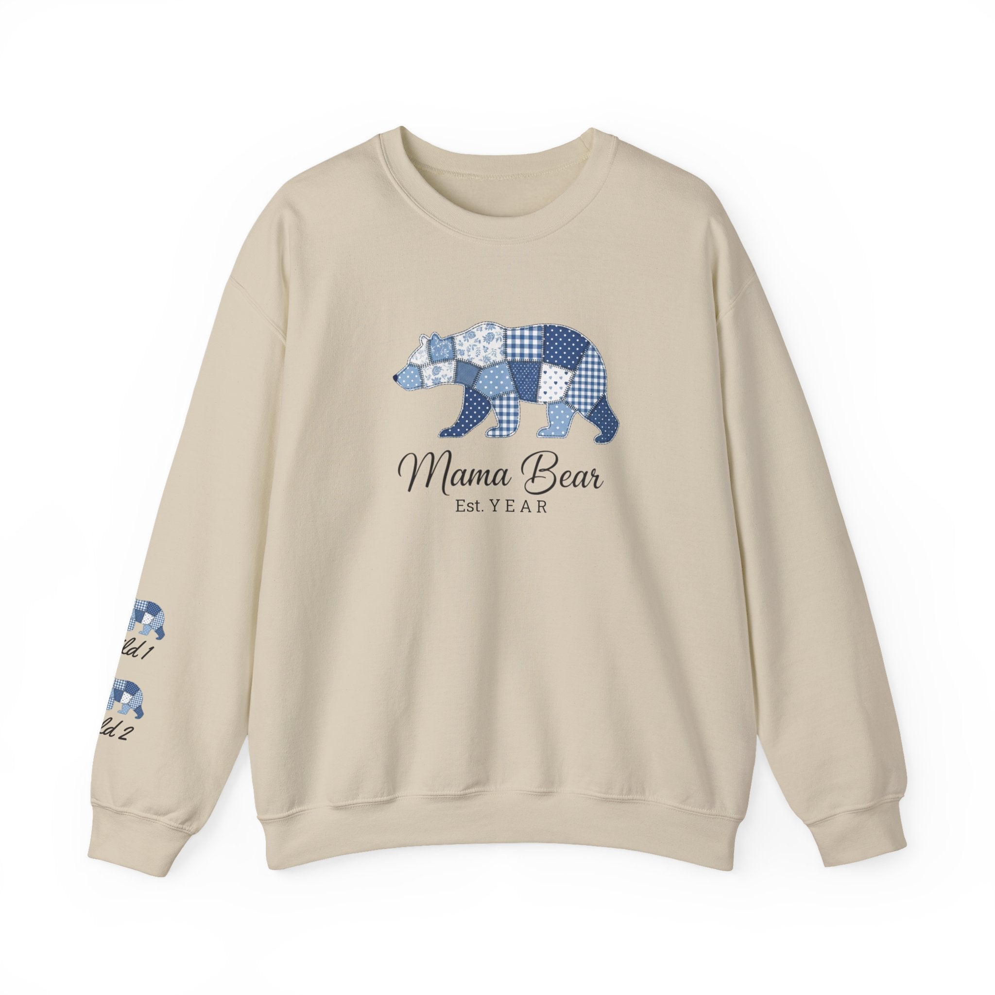 Mama Bear Sweatshirt — Patchwork Blue Bear Crewneck (Est. 2019)