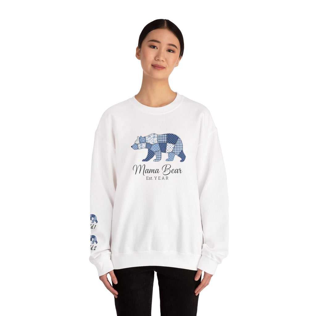 Mama Bear Sweatshirt — Patchwork Blue Bear Crewneck (Est. 2019)