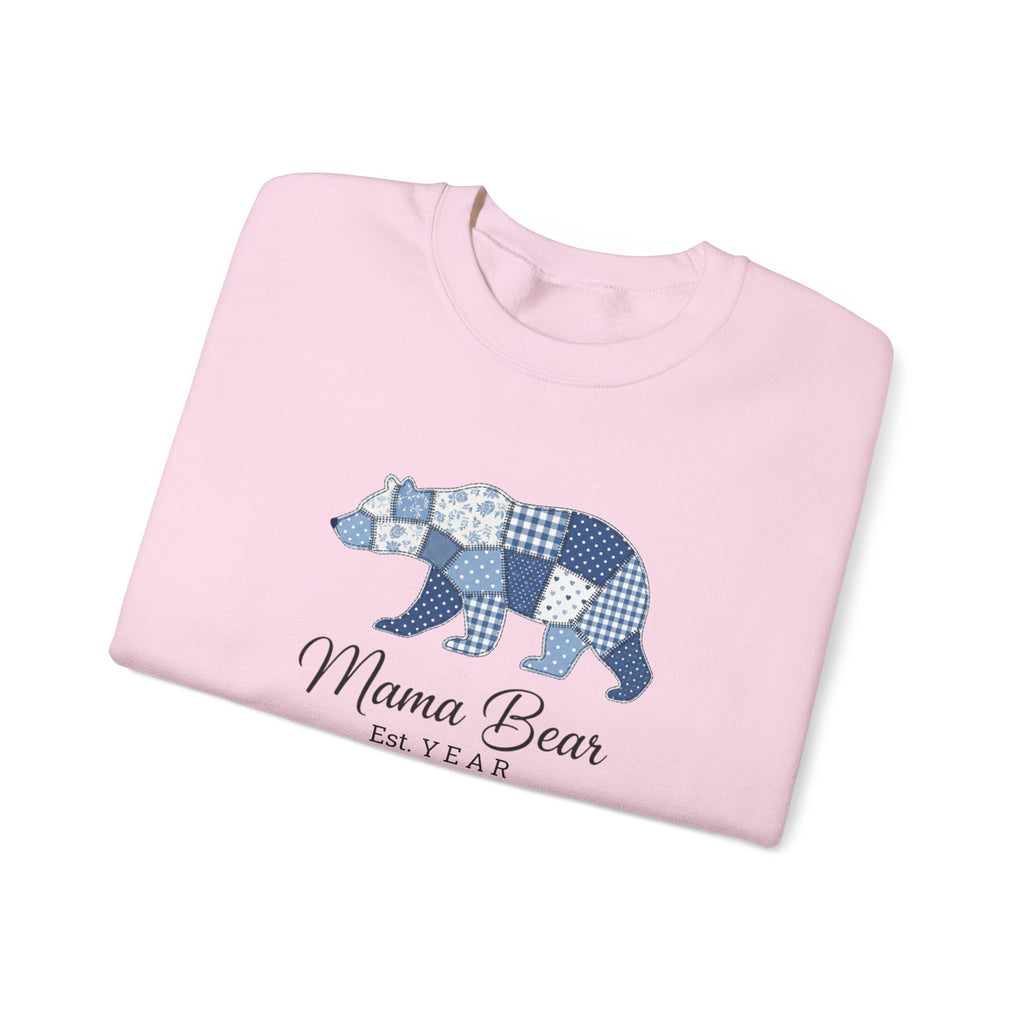 Mama Bear Sweatshirt — Patchwork Blue Bear Crewneck (Est. 2019)