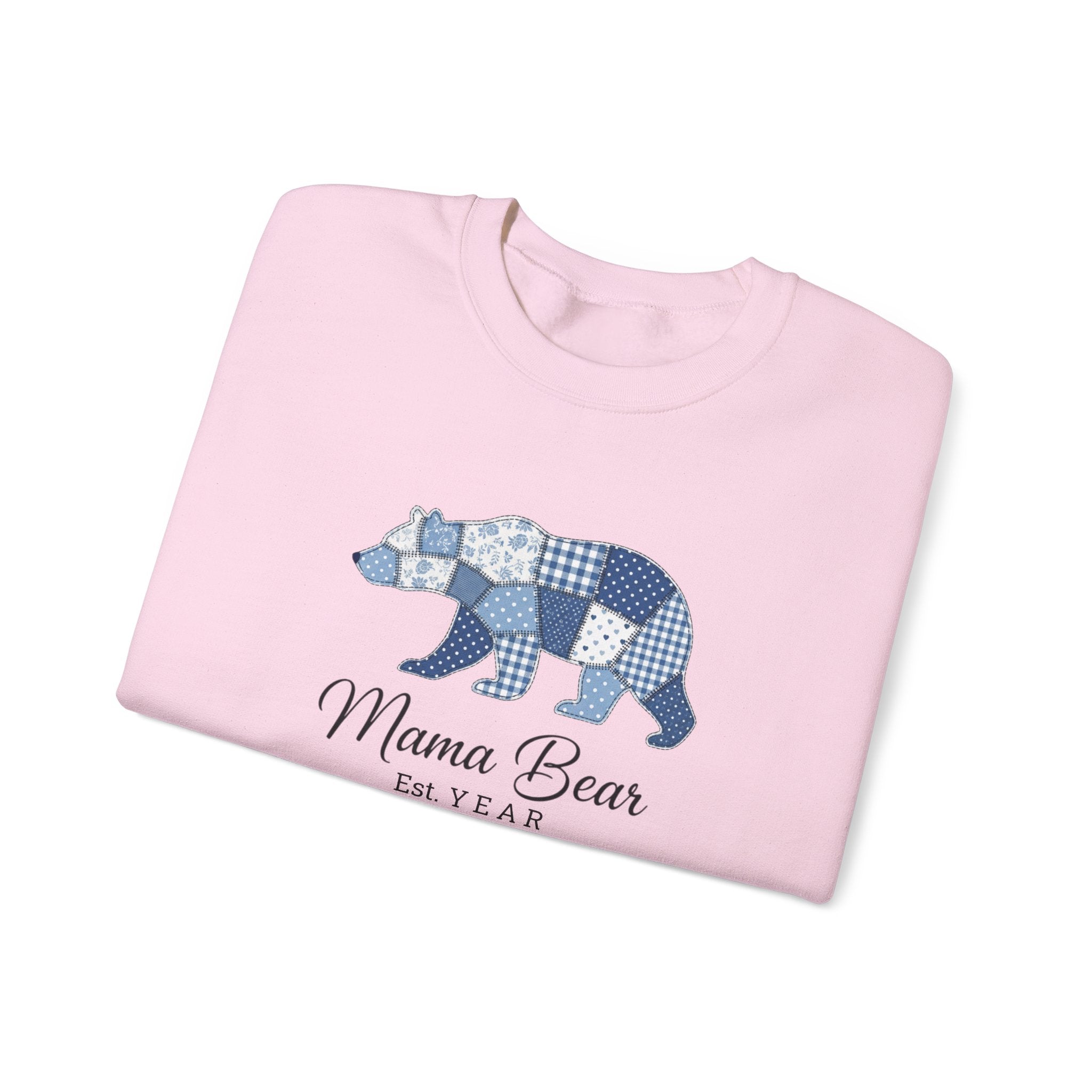 Mama Bear Sweatshirt — Patchwork Blue Bear Crewneck (Est. 2019)