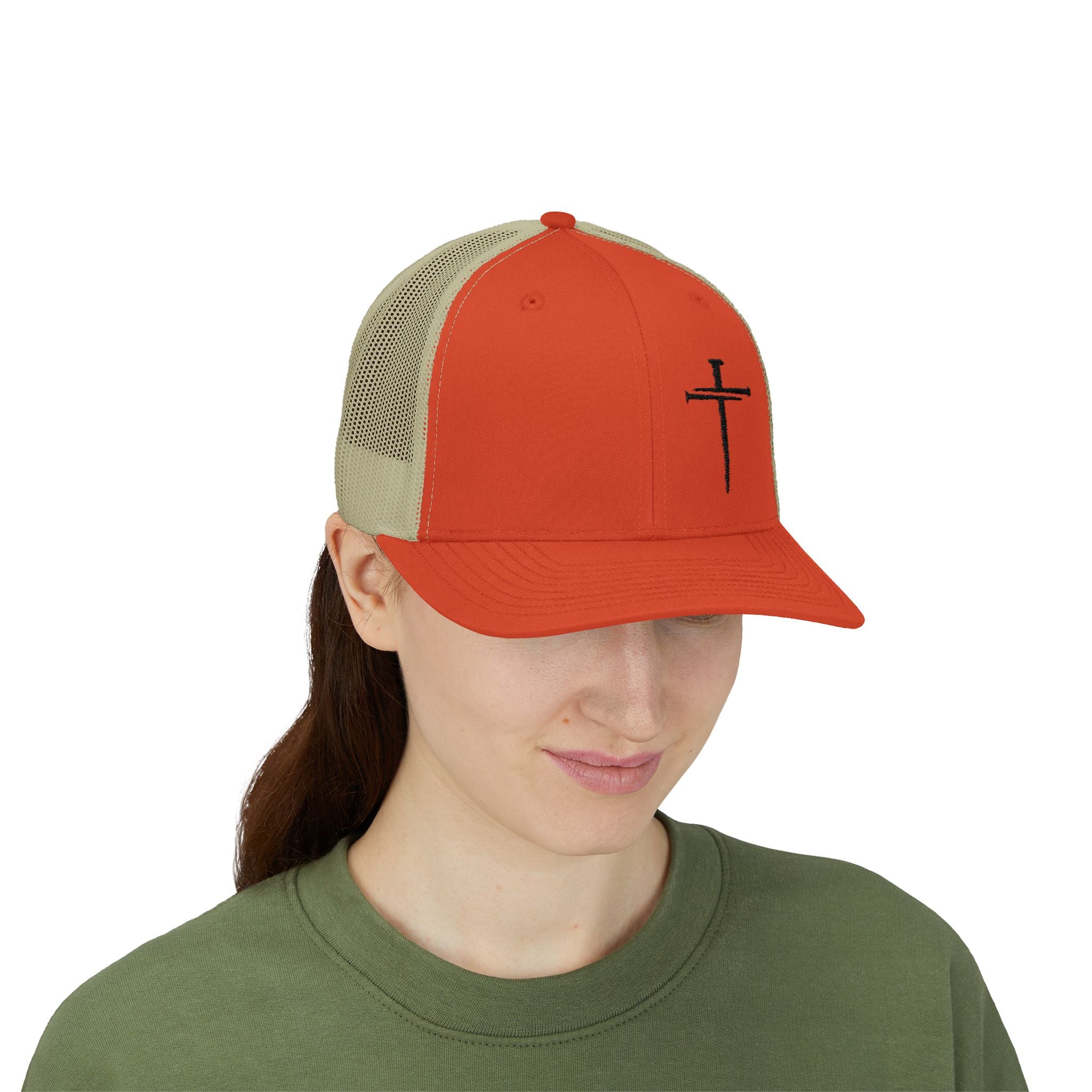Embroidered Cross Trucker Cap — Mesh Snapback Christian Hat