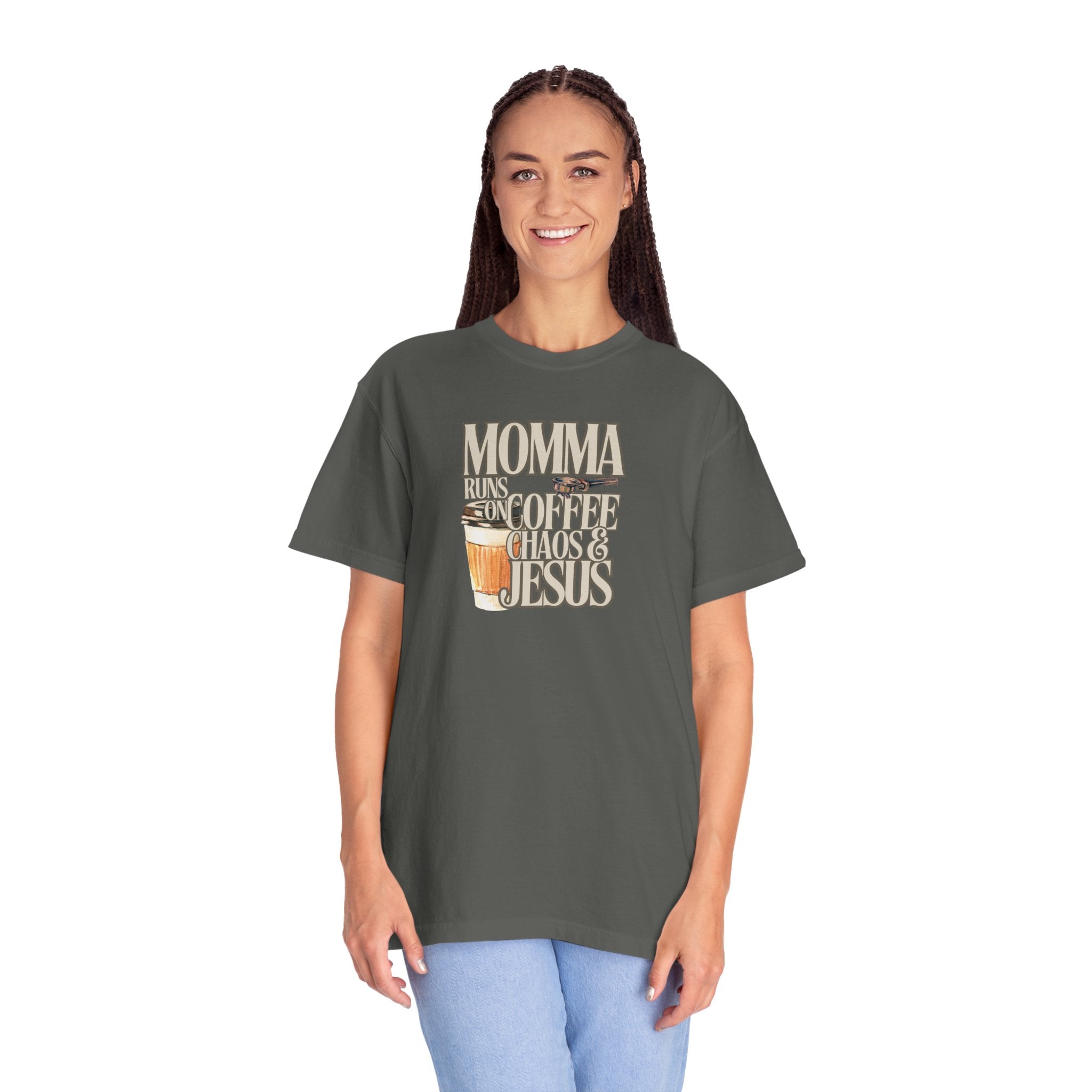 Momma Runs on Coffee Chaos & Jesus T-Shirt