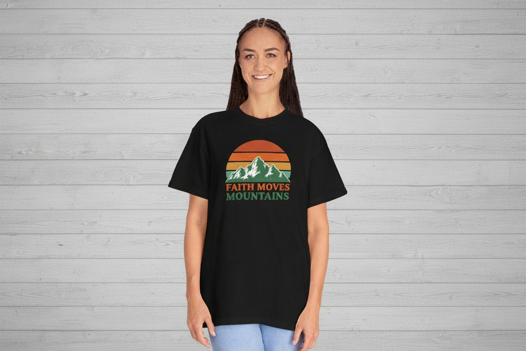Faith Moves Mountains T-Shirt — Retro Mountain Graphic Christian Tee