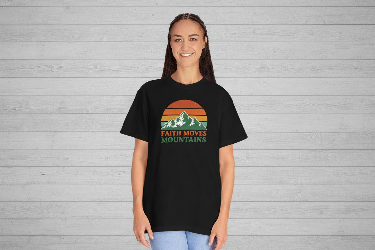 Faith Moves Mountains T-Shirt — Retro Mountain Graphic Christian Tee
