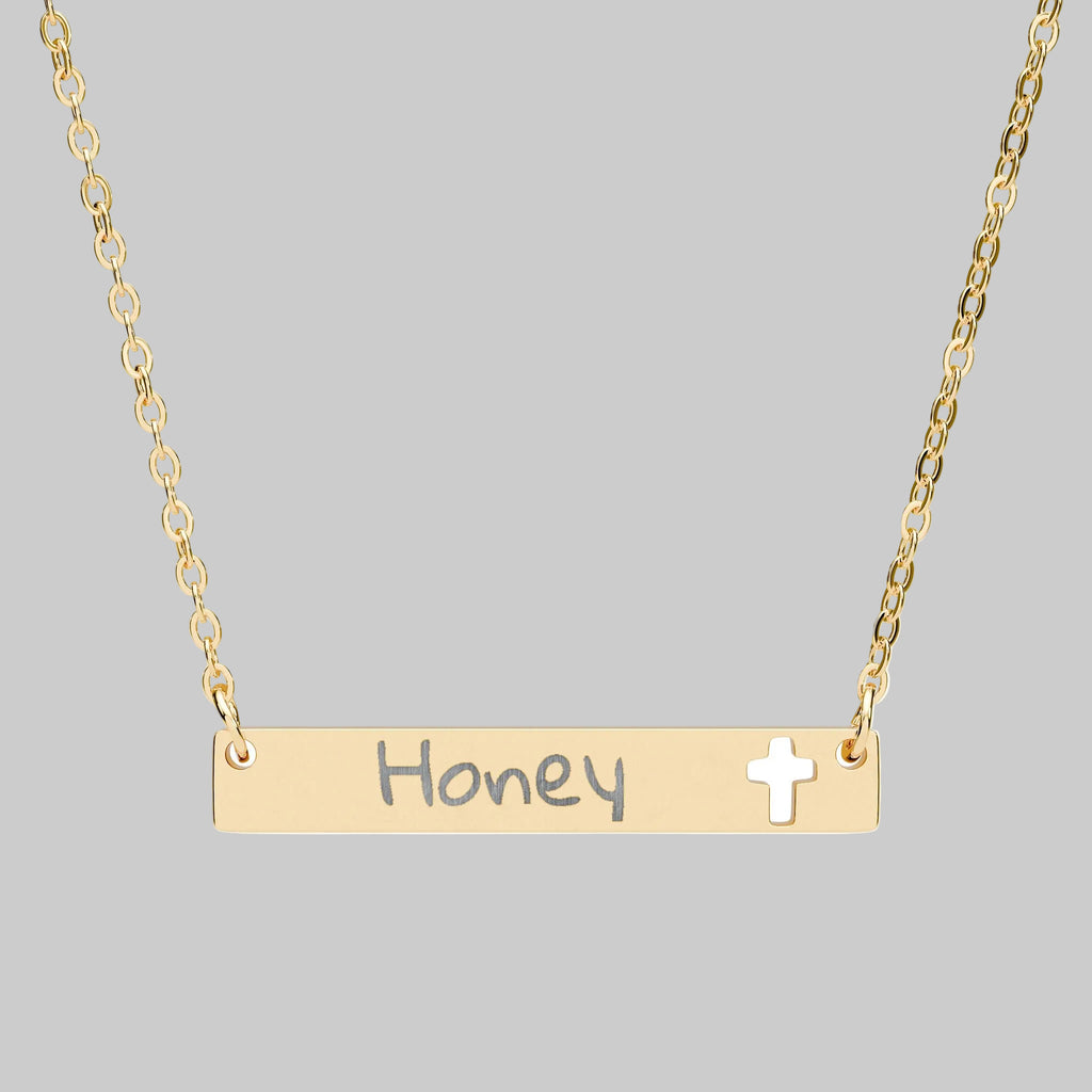 Engraved Cutout Cross Bar Necklace — Personalized Name Bar Pendant