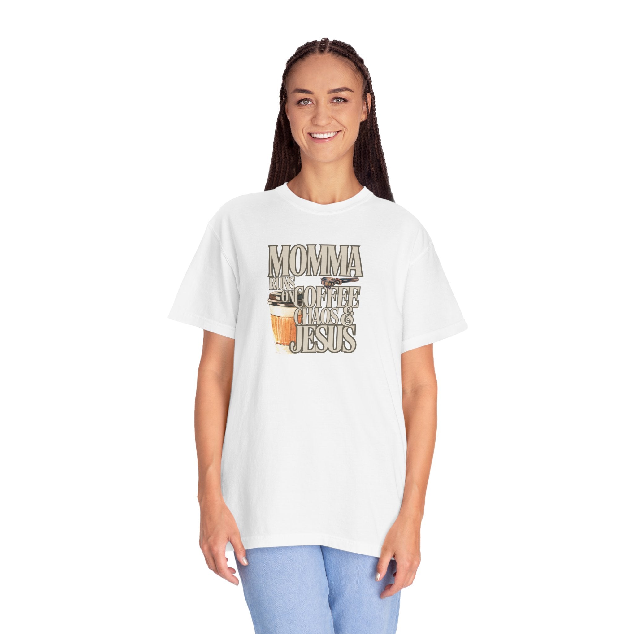 Momma Runs on Coffee Chaos & Jesus T-Shirt