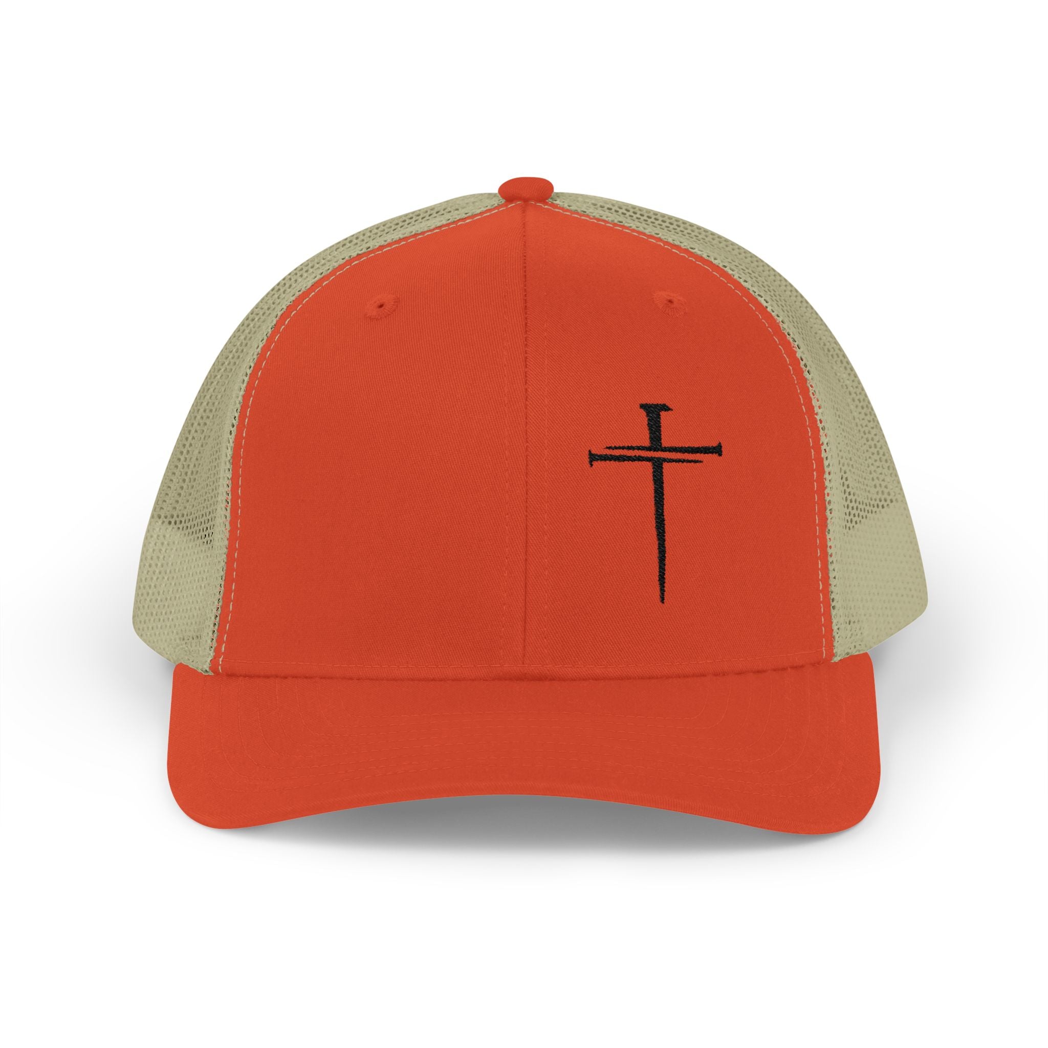 Embroidered Cross Trucker Cap — Mesh Snapback Christian Hat