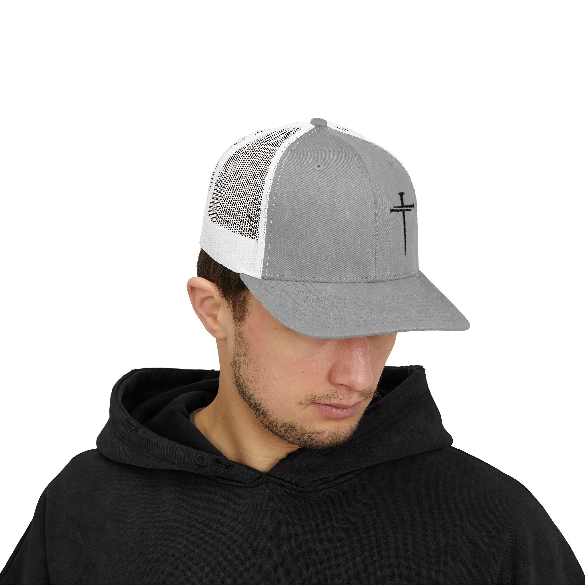 Embroidered Cross Trucker Cap — Mesh Snapback Christian Hat