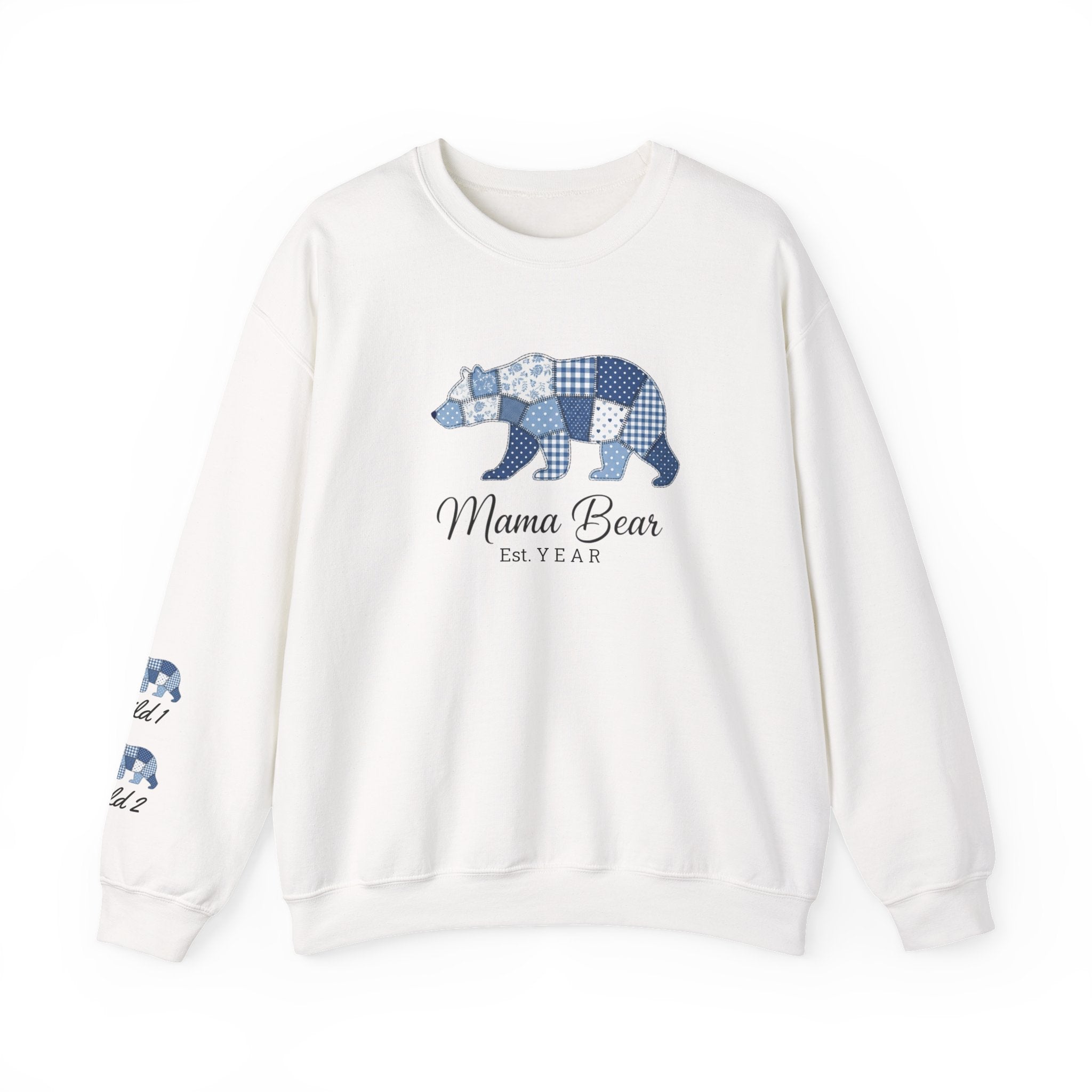 Mama Bear Sweatshirt — Patchwork Blue Bear Crewneck (Est. 2019)