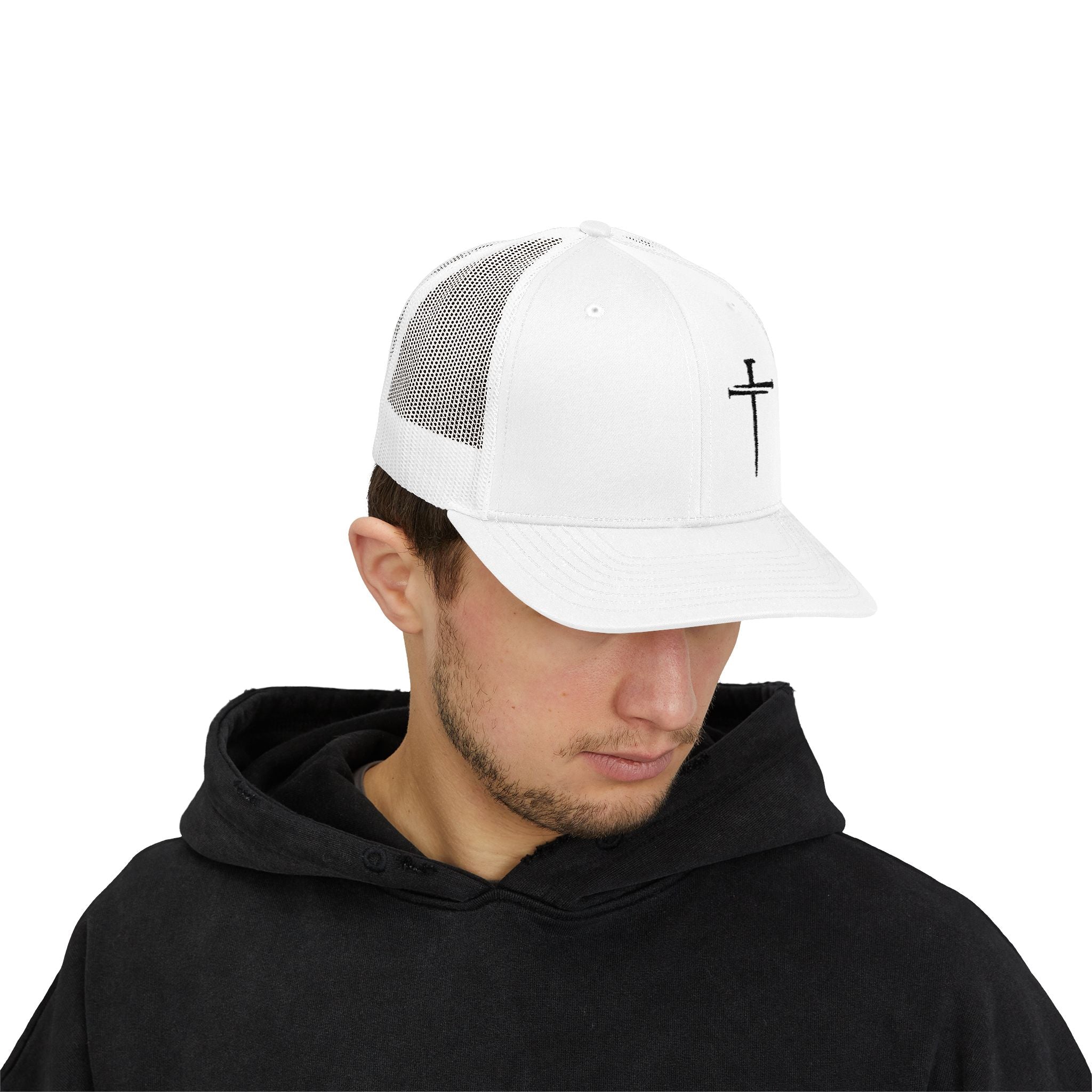 Embroidered Cross Trucker Cap — Mesh Snapback Christian Hat