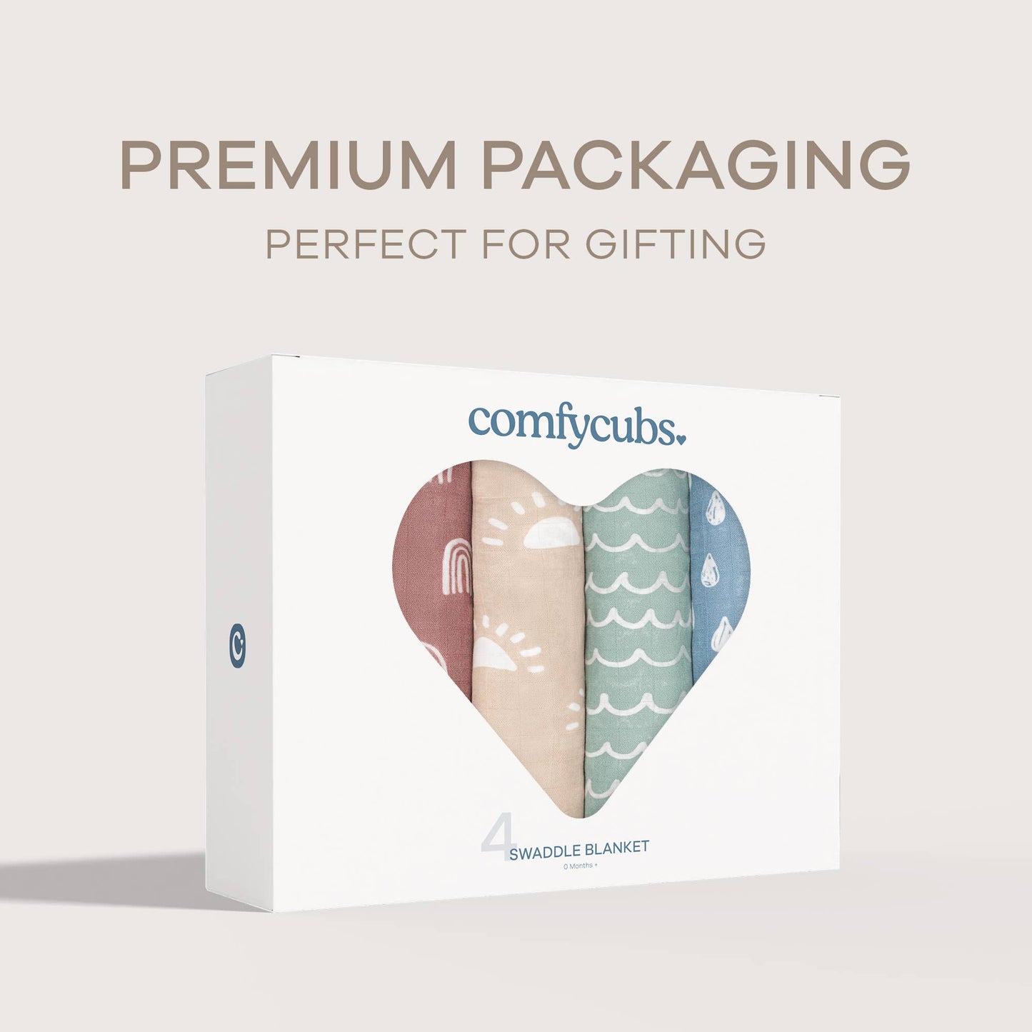 Muslin Swaddle Blankets, Pack of 4, 47" x 47" by Comfy Cubs: Sun, Rainbow, Rain, Doodle