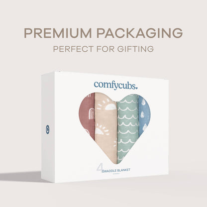 Muslin Swaddle Blankets, Pack of 4, 47" x 47" by Comfy Cubs: Sun, Rainbow, Rain, Doodle